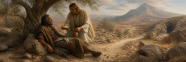 An angel offering bread and water to exhausted Elijah beneath a wilderness tree